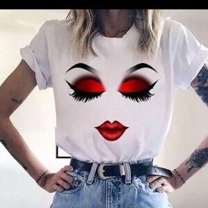 Red and White Short Sleeve Tee with Graphic Makeup Design NWOT